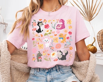 Disney Blommig Boho katt, Disney Katter Figaro Pinocchio, Cheshire katt, Marie Toulouse Berlioz Aristocats, Disney Kattälskare T-shirt