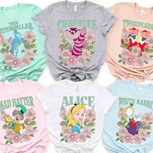 Disney Alice in Wonderland Floral All Characters Portrait Shirt, Alice Cheshire Cat Queen of Heart Caterpillar Shirt, Disneyland Trip Shirt