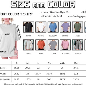 The image is a size chart for a comfortable color t-shirt, showing different sizes and sleeve lengths available in various colors.
