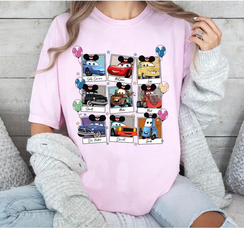 Disney Pixar Cars Characters Polaroid Shirt, Lightning McQueen, Tow Mater, Hudson Shirt, Disneyland Family Matching Tee, Animal Kingdom image 2