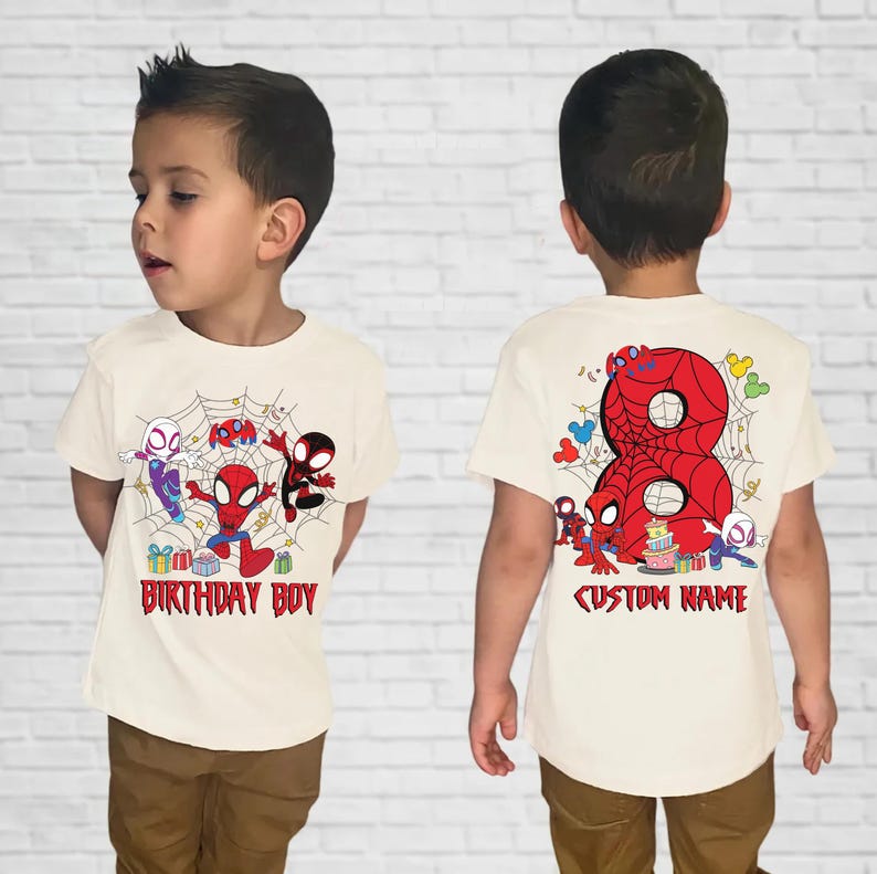 2-sided Personalized Spidey And His Amazing Friends Birthday Tee, Custom Name Age Kids Birthday Tee, Custom Spiderman Birthday Boy Shirt image 3