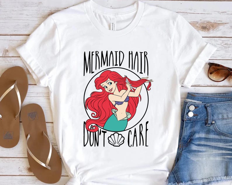 Disney The Little Mermaid Ariel Mermaid Hair Don't Care T-Shirt, Family Matching Tee Disneyland Trip Gift Unisex Adult T-shirt Kid T-shirt image 1