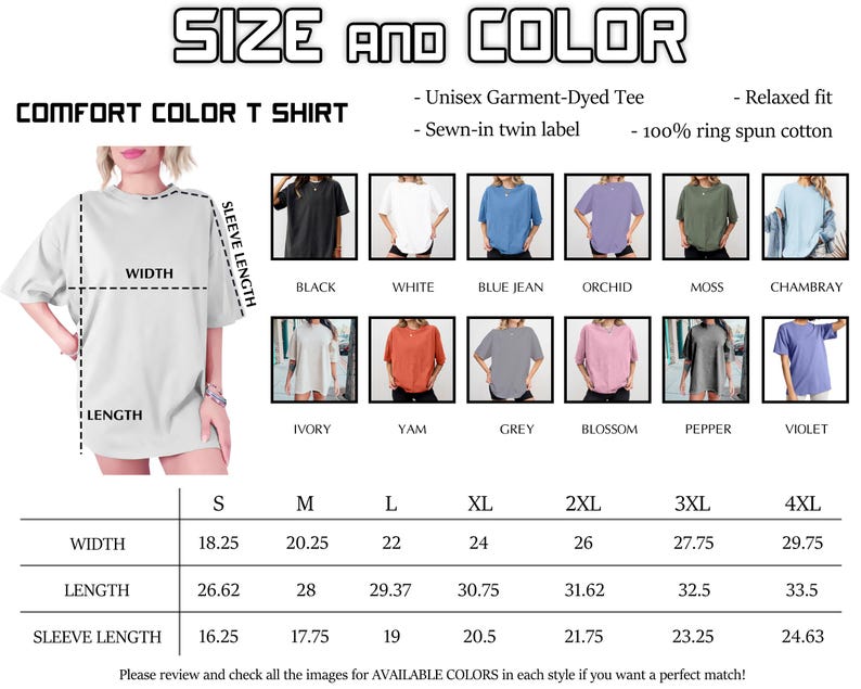 The image is a size chart for a comfortable color t-shirt, showing different sizes and sleeve lengths available in various colors.