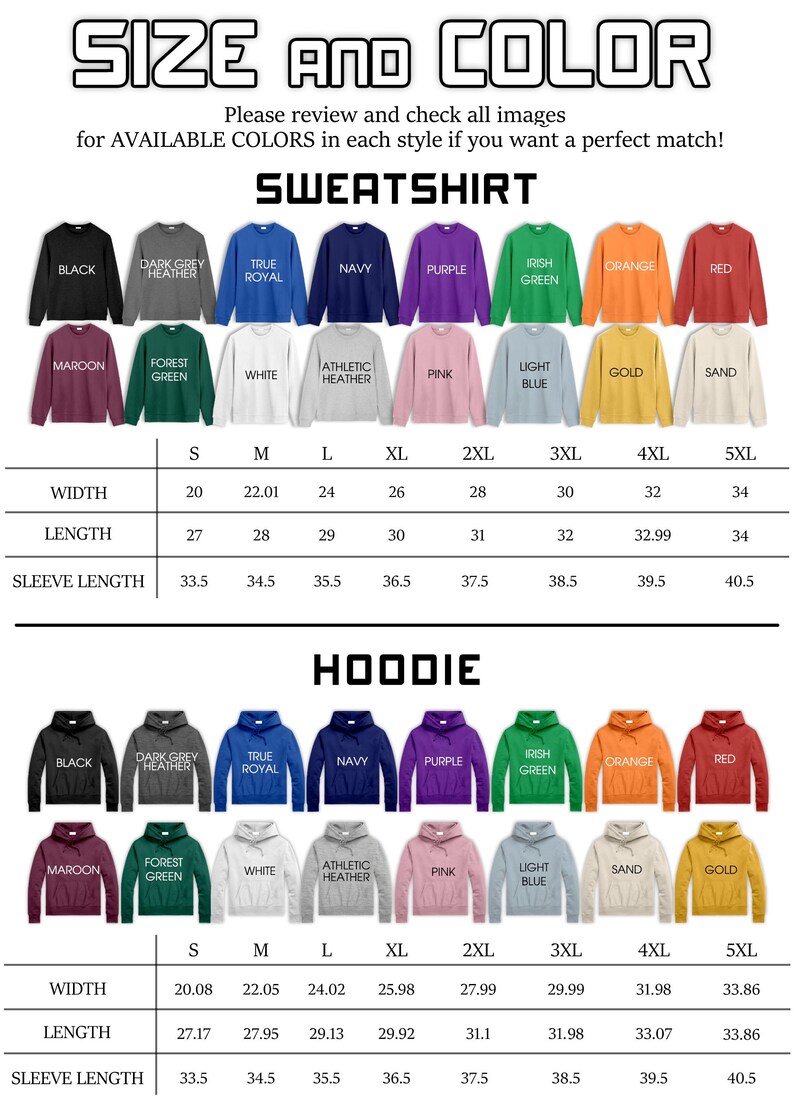 a variety of colorful sweatshirts and hoodies, each with different sizes and styles, arranged in a grid format.