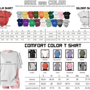 Op de afbeelding: Een tabel met maat- en kleuropties voor Bella, Gildan en Comfort Color t-shirts. De tabel bevat afmetingen in inches voor breedte, lengte en mouwlengte, samen met een verscheidenheid aan beschikbare kleuren voor elke shirtstijl.