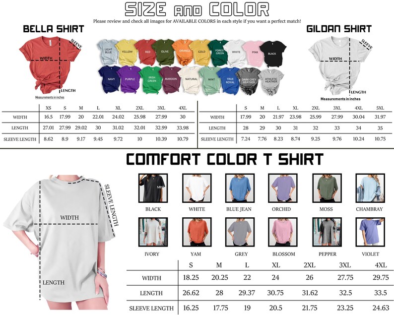 Op de afbeelding: Een tabel met maat- en kleuropties voor Bella, Gildan en Comfort Color t-shirts. De tabel bevat afmetingen in inches voor breedte, lengte en mouwlengte, samen met een verscheidenheid aan beschikbare kleuren voor elke shirtstijl.