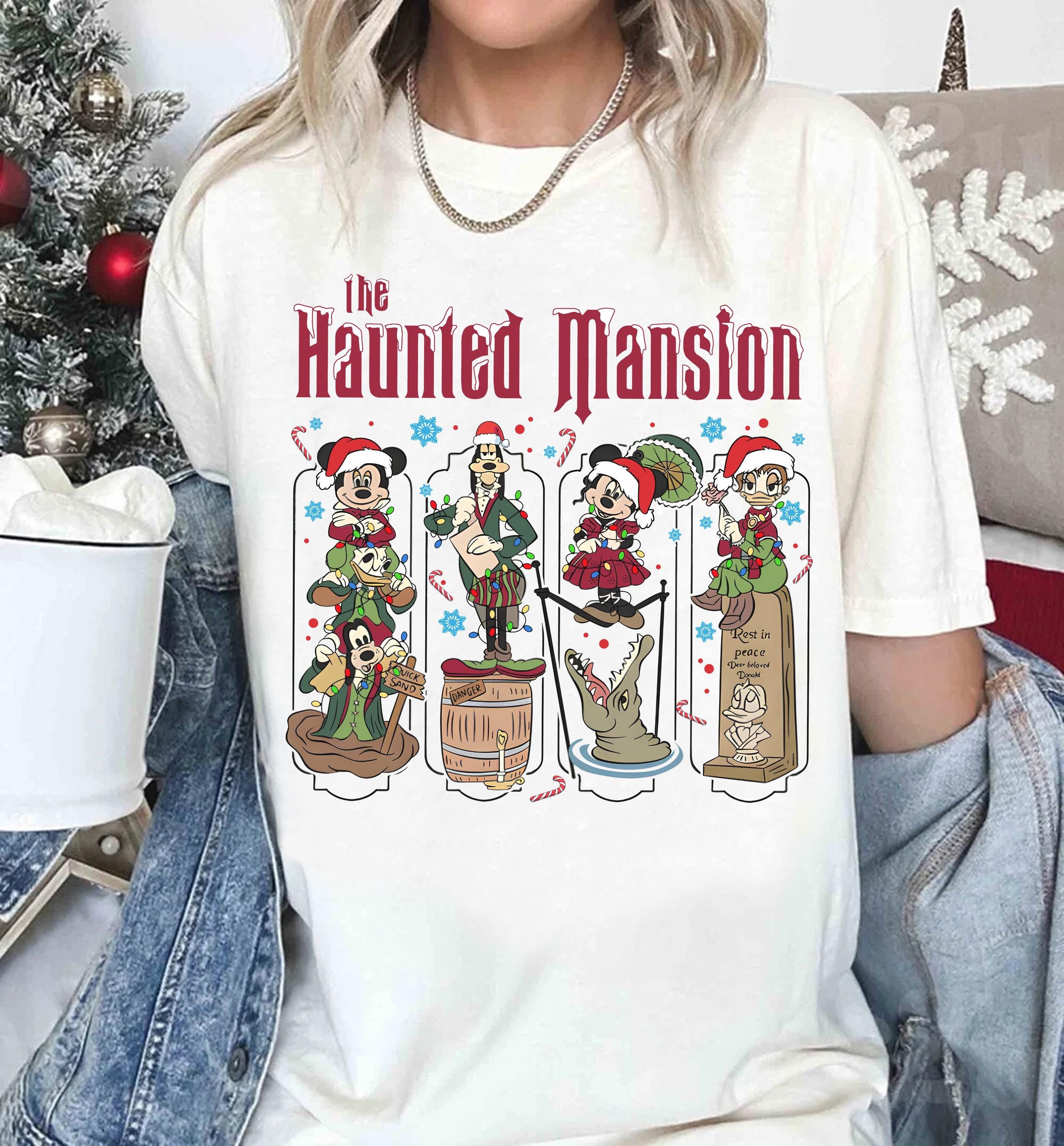 Chemise de lumières de Noël cosplay du manoir hanté Disney Mickey et ses amis, chemise de Noël fantômes faisant de l'auto-stop, chemise de Noël famille Disneyland