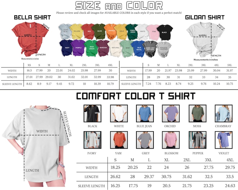 The image is a size and color guide for a comfortable color t-shirt. It provides measurements and color options for a girolan shirt, along with a list of different styles and sleeve lengths. The guide also includes a section for a comfortable color t-shirt, which features a variety of styles and sleeve lengths.