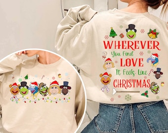 Chemise vintage recto-verso des lumières de Noël des Muppets partout où vous trouverez l&#39;amour, c&#39;est comme Noël, sweat-shirt chant de Noël des Muppets de Disney