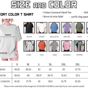 The image is a size chart for a comfortable color t-shirt, showing different sizes and sleeve lengths available in various colors.