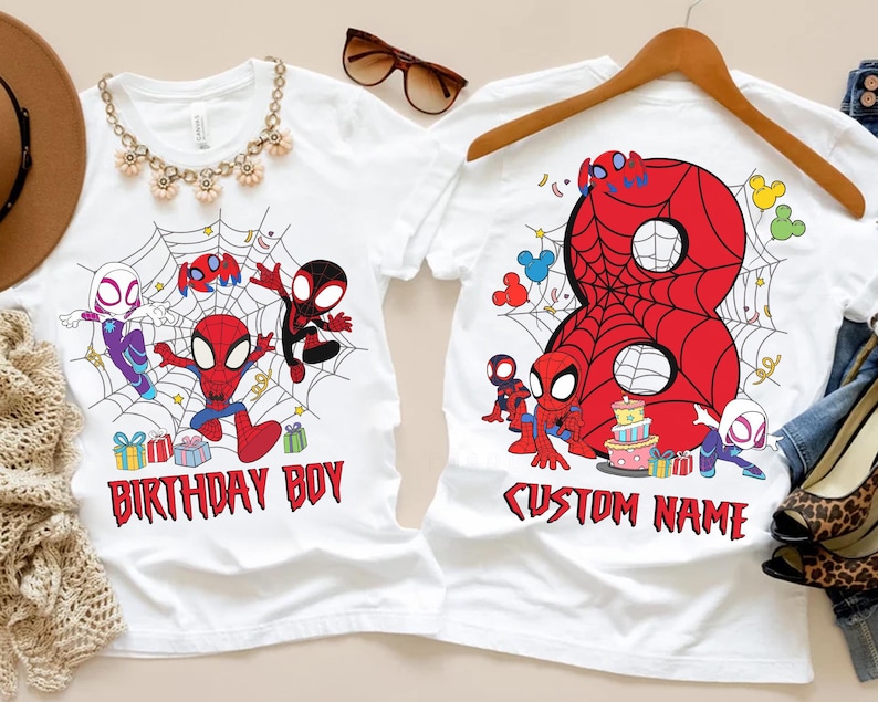 2-sided Personalized Spidey And His Amazing Friends Birthday Tee, Custom Name Age Kids Birthday Tee, Custom Spiderman Birthday Boy Shirt image 1