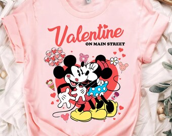 Retro jaren 90 Disney Mickey en Minnie-paar Valentijn op Main Street-shirt, familiematching T-shirt Disneyland-reiscadeau, Magic Kingdom-shirt