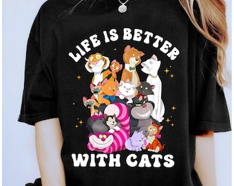 Disney Cats T-shirt, Livet är bättre med katter, kattperson-tröja, Cheshire Cat Lucifer Yzma Cat, Aristocats, Disney Cat Lovers T-shirt