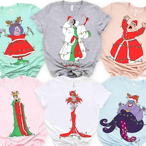 Disney All Villains Characters Christmas Lights Shirt, Ursula, Cruella, Evil Queen, Maleficent Shirt, Disneyland Family Xmas Matching Tee image 1