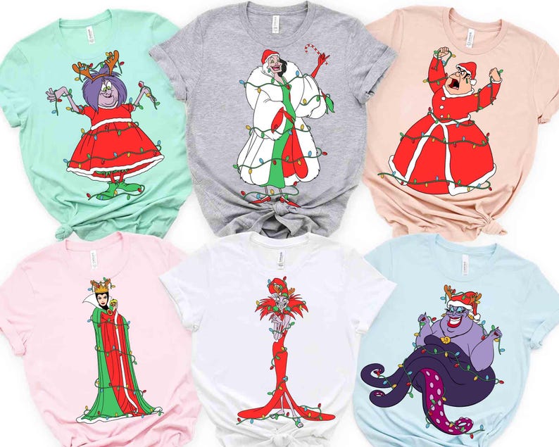 Disney All Villains Characters Christmas Lights Shirt, Ursula, Cruella, Evil Queen, Maleficent Shirt, Disneyland Family Xmas Matching Tee image 1