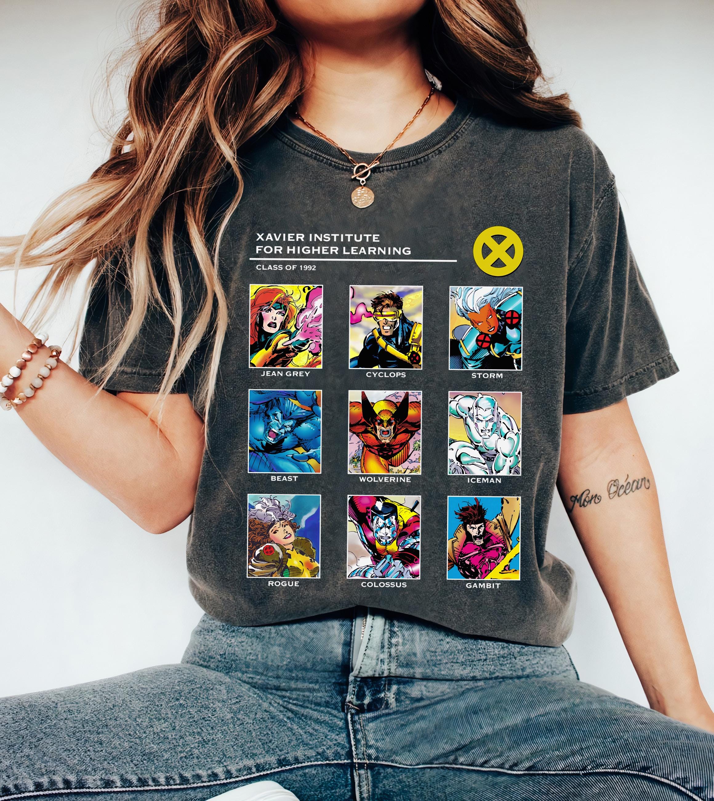 Marvel X-men Xavier Institute 90s T-shirt, Jean Grey, Gambit