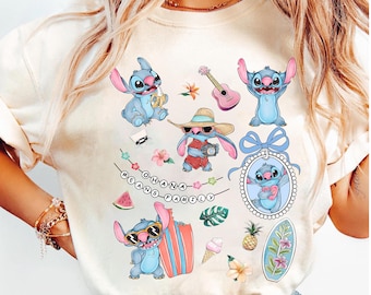 Camiseta de acuarela de Lilo y Stitch con lazos Coquette, camiseta Ohana Means Family, camiseta de Stitch de Disney, camiseta Aloha Hawaii, camiseta familiar a juego de Disneyland