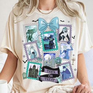Coquette Bow Disney Castle The Haunted Mansion Halloween Shirt, Haunted Mansion Trick or Treat Shirt, Hitchhiking Ghosts Halloween Shirt
