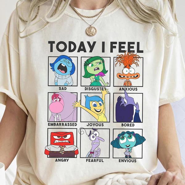 Camiseta "Hoy me siento" de Disney Pixar "Intensamente 2": Ansiedad, Aburrimiento, Vergüenza, Alegría, Tristeza e Ira. Camiseta familiar a juego para viaje a Disneylandia.