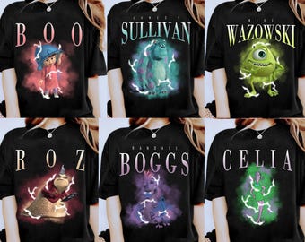 Retro Disney Monster Inc Mike and Sully 90s Portrait Full Characters T-Shirt, Boo Celia Roz Randall Boggs Carlton Tee, Disneyland Trip Shirt
