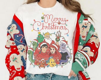 Disney Frohe Weihnachten Kleine Meerjungfrau Weihnachtslichter Shirt, Disney Ariel Flounder Ursula Sebastian Weihnachtsshirt, Disneyland Trip Shirt
