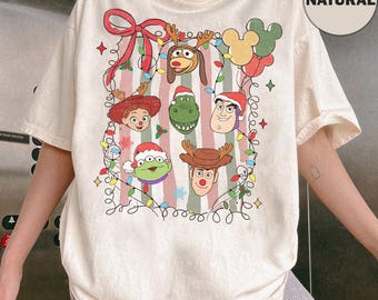 Vintage Coquette Bow Disney Toy Story Christmas Shirt, Woody Buzz Jessie Slinky Rex Aliens Christmas Lights Shirt, Disneyland Christmas Tee