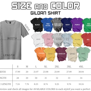 a collection of t-shirt designs in various colors, sizes, and styles, along with a size and color guide for selecting the perfect shirt.