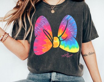 Koszulka Disney Minnie Mouse z kokardą i dużym nadrukiem tie-dye, wygodna, w różnych kolorach, koszulka z kokardą Myszka Miki i Przyjaciele Minnie, koszula rodzinna pasująca do Disneylandu
