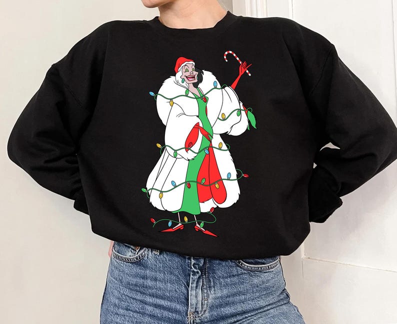 Disney All Villains Characters Christmas Lights Shirt, Ursula, Cruella, Evil Queen, Maleficent Shirt, Disneyland Family Xmas Matching Tee image 3