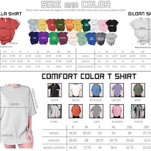 Puede incluir: Una tabla de tallas y colores para camisetas Bella, Gildan y Comfort Color. La imagen muestra varios colores de camisetas, diagramas que indican el ancho, largo y largo de manga en pulgadas, y tablas con las dimensiones espec&iacute;ficas por talla.