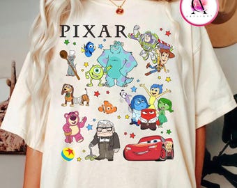 Camiseta vintage de personajes de Disney Pixar: Mike y Sully, Toy Story, Inside Out, Rayo McQueen, viaje familiar a Disney