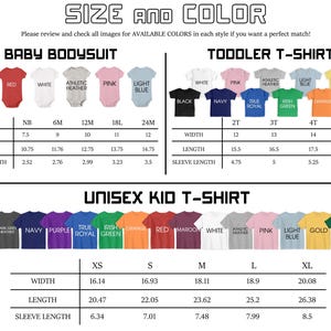 Puede incluir: Una tabla de tallas y colores para bodies de beb&eacute;, camisetas para ni&ntilde;os peque&ntilde;os y camisetas unisex para ni&ntilde;os. La tabla muestra varios colores, con medidas de ancho, largo y largo de manga en cm.