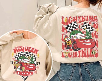 2-seitiges Disney Cars Weihnachtslichter-Shirt, Lightning McQueen Tow Mater Doc Hudson Sally Merry Merry Christmas Party T-Shirt, Disneyland Weihnachts-T-Shirt