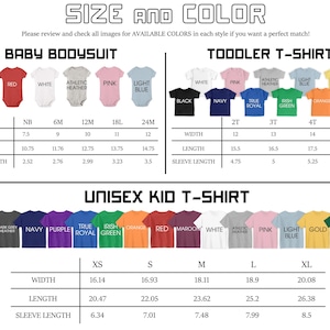 a collection of baby and toddler t-shirts in various colors and sizes, along with a separate section for unisex kid t-shirts. The image provides size and color information for each type of t-shirt, including width, length, sleeve length, and color options.