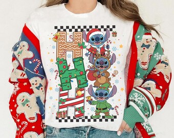 Disney Santa Stitch Ho Ho Ho kerstverlichting shirt, Ohana betekent familie grappige Stitch kerstshirt, Disneyland Trip 2026 bijpassende shirt