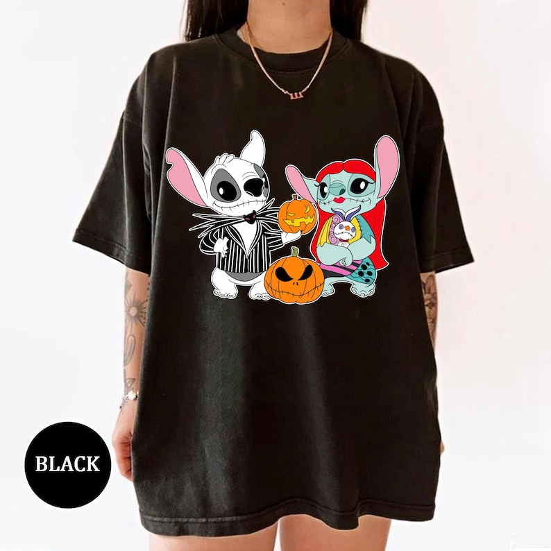 Disney Stitch and Angel Halloween Costume Jack Skellington and Sally The Nightmare Before Christmas Halloween Shirt, Disney Matching Shirt image 1