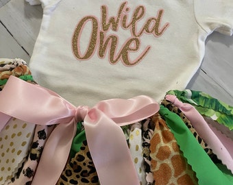 Pink, Green, & Gold Safari Fabric Wild One Birthday Outfit - Onesie/Shirt, Fabric Tutu Skirt, Headband or Clip | cheetah, zebra, giraffe