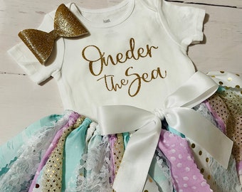 Mermaid First Birthday Outfit: Gold Glitter Onesie, Aqua Tutu, Headband