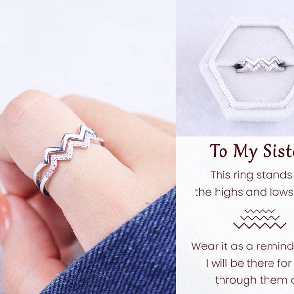 To My Sister Highs and Lows Double Wave Ring, Sterling Silver Adjustable Ring Women, Bridesmaid Gifts, Friendship Gift, Sister Birthday Gift