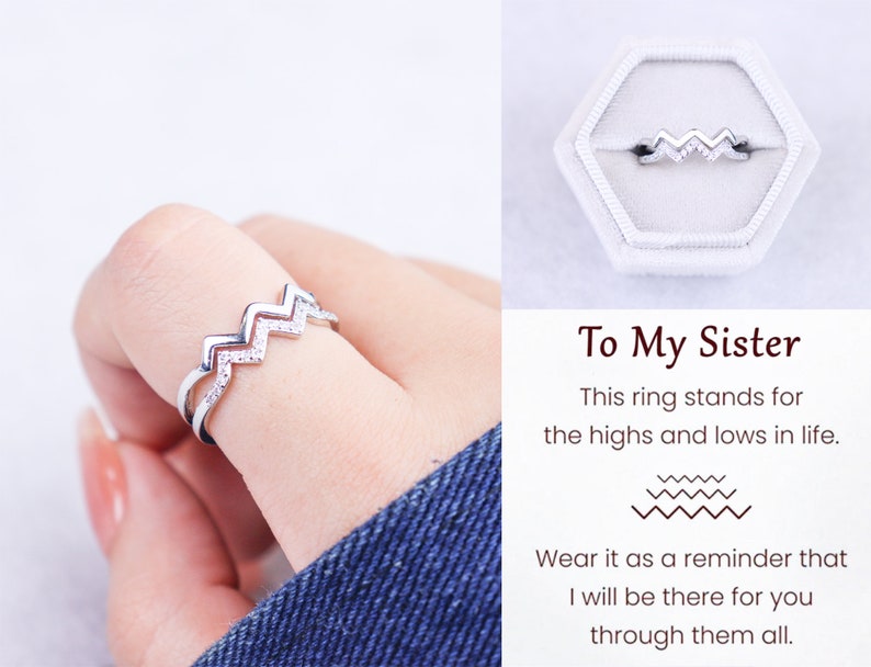 To My Sister Highs and Lows Double Wave Ring, Sterling Silver Adjustable Ring Women, Bridesmaid Gifts, Friendship Gift, Sister Birthday Gift image 1