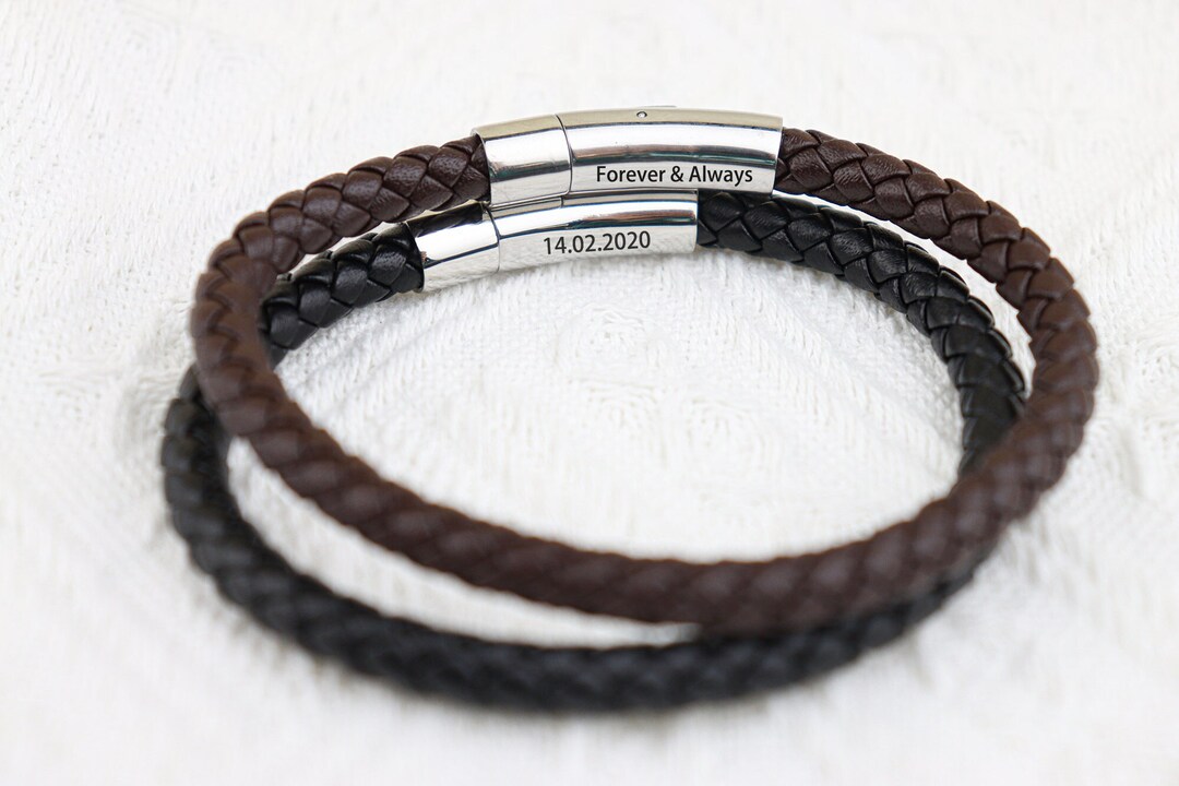 Leather Stainless Steel Mens Engraved Bracelet Fathers Day Gift Fathers ...