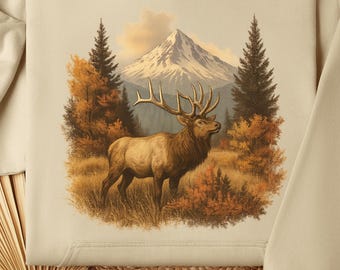 Retro Elk Sweatshirt, Vintage Fall Hunter Scene Sweatshirt, 90s Bull Forest Nature Hoodie, Americana Nostalgia Sweater, Elk Deer Sweatshirt