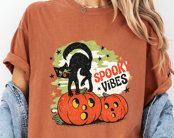 Spooky Vibes Halloween Black Cat Shirt, 80s Inspired Cat Mom Tee, Retro Halloween Graphic Tee, Pumpkin Season Fall T-Shirt,Baby Tee for Fall