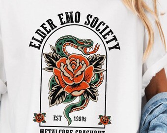 Komfortfarben Elder Emo Society Metalcore Crashout Shirt, Elder Emo T-Shirt, Emo Kleidung Es war nie eine Phase, Schlange Emo Forever Shirt