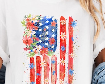 Floral American Flagge Komfort Farben Shirt, Floral American 4. Juli Shirt, Unabhängigkeitstag Shirt, Vaterländische Blumen Shirt, USA Flagge Shirt