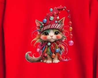かわいい猫のクリスマスライトスウェットシャツ、猫ママへのクリスマスプレゼント、レディースホリデーパーカー、クリスマス猫セーター、猫好きの子猫クリスマスセーター