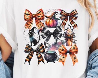 Camiseta de Halloween con colores cómodos y coqueta, linda camiseta de calabaza de Halloween, camiseta con lazo de calabaza, regalo de lazo de calabaza coqueta, camiseta con ambiente de bruja