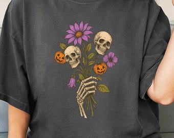 Comfort Colors Floral Skeleton Shirt, Skeleton Halloween Shirt, Halloween Skull Shirt, Spooky Season Shirt, Funny Halloween T-shirt