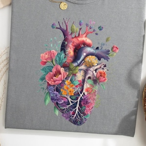 Anatomical Heart Comfort Color Shirt, Therapist T-Shirt, Floral Heart Shirt, Respiratory Graphic Tees, Nurse Shirt, Flowers Heart Tee Shirt