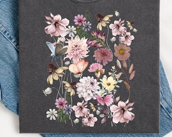 Shirt met vintage geperste bloemen, comfortabele kleuren, boho cottagecore-T-shirt, T-shirt met botanische bloemen, shirt met wilde bloemen, Fairycore-cadeau tuinliefhebber